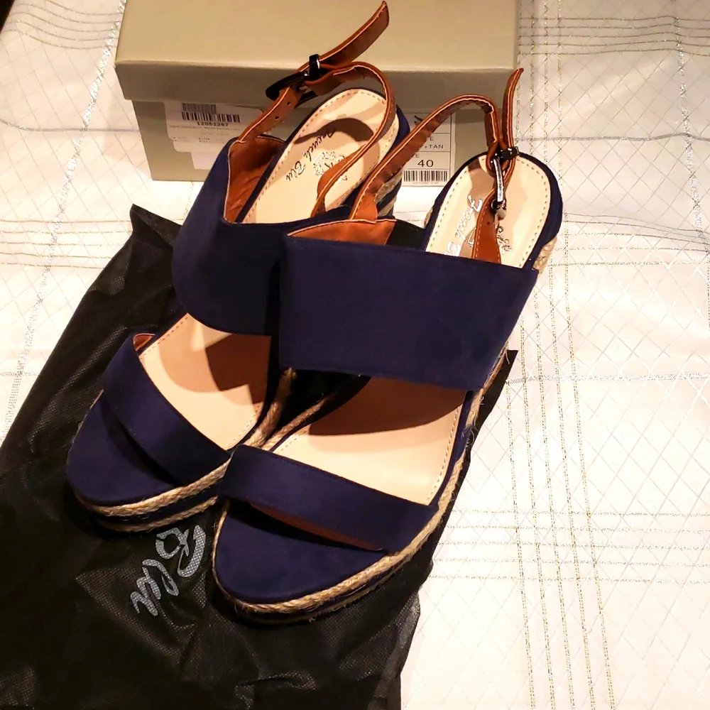 French Blu NEW Wedge Espadrille Platform Sandal NIB Navy Tan Women's 40